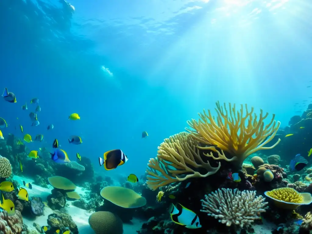 Un impresionante arrecife de coral en restaurante mariscos alta gama sostenibilidad, teñido de vida y coloridos peces tropicales