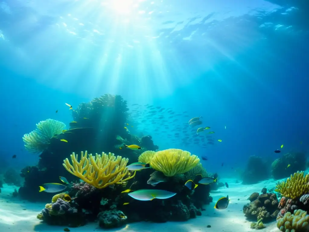 Un impresionante arrecife de coral submarino con una diversidad de peces coloridos y plantas marinas, iluminado por rayos de sol