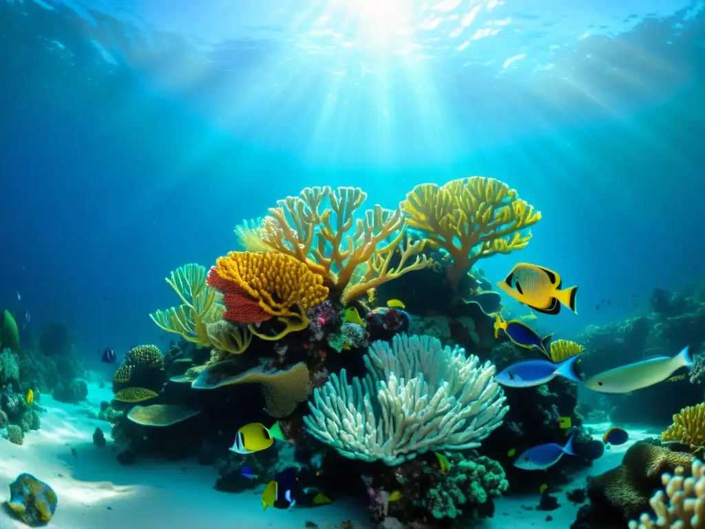 Un impresionante arrecife de coral submarino, con peces coloridos y luz solar filtrada