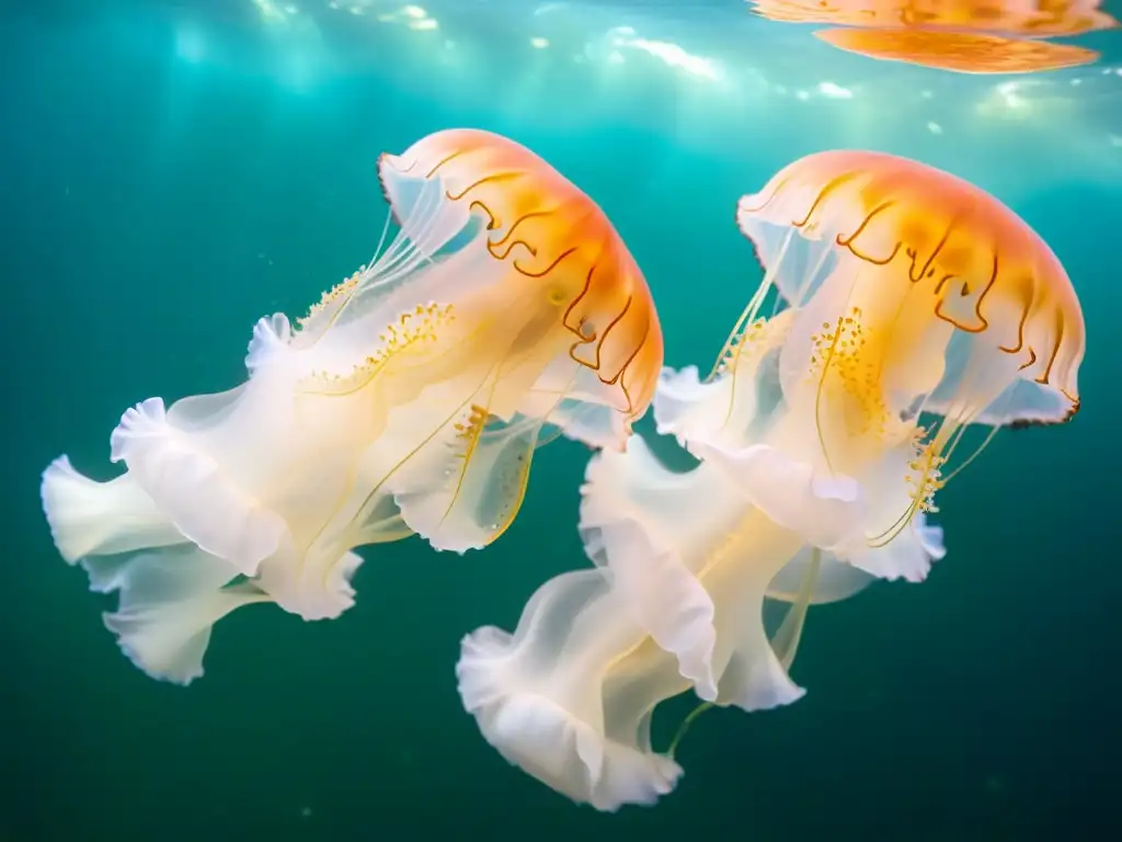 Un impresionante baile de medusas capturado en aguas cristalinas, con vibrantes colores y energía dinámica