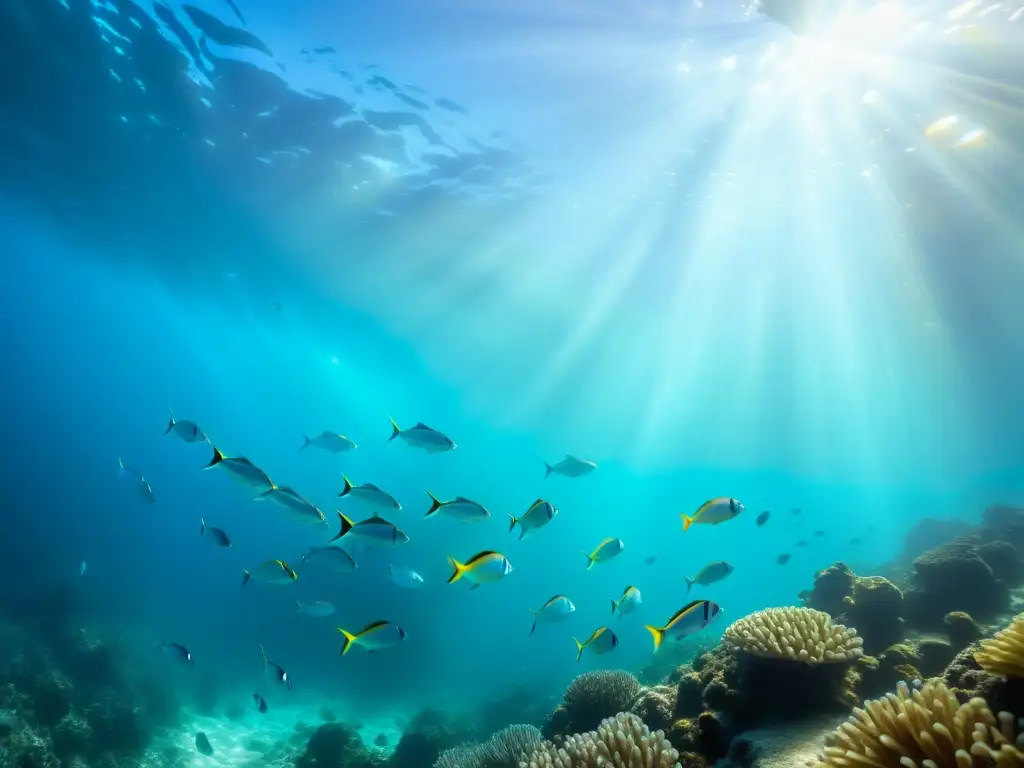 Un impresionante banco de peces nadando en armonía a través de aguas cristalinas, iluminados por el sol