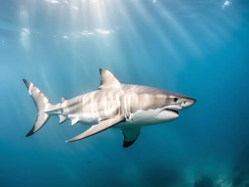 Un impresionante tiburón blanco surca majestuosamente las aguas cristalinas del océano, exudando elegancia y poder natural