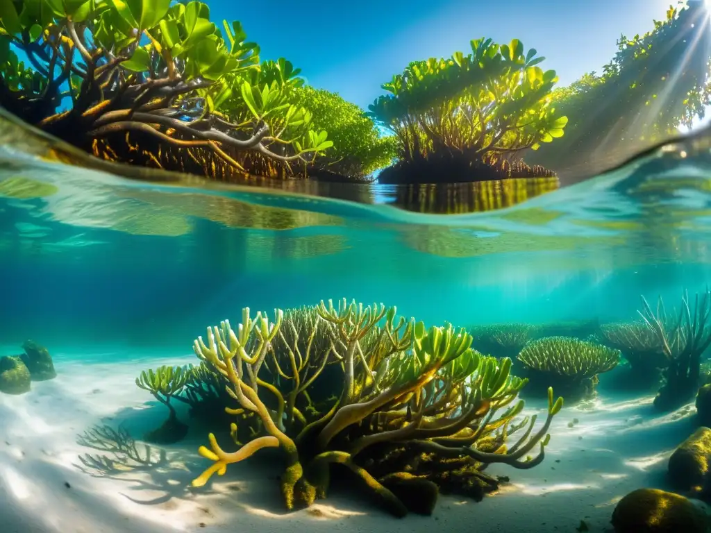 Un impresionante bosque de manglares submarino, resaltando la importancia de conservar los manglares y su biodiversidad marina