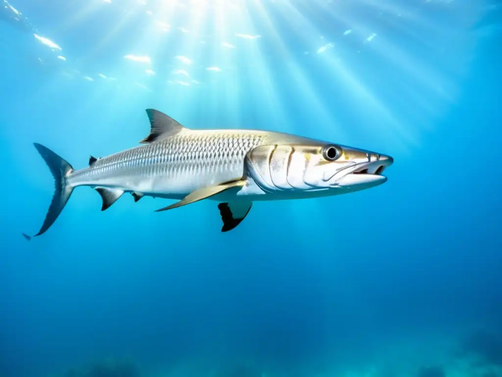 Un impresionante cardumen de barracudas plateadas nadando en aguas cristalinas, reflejando su belleza y poder