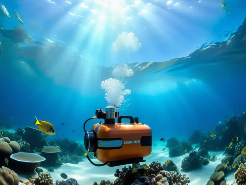 Compresor de buceo bajo el mar: eficiencia y belleza Un impresionante compresor de buceo portátil eficaz, rodeado de vida marina colorida y bañado por la luz solar en el agua clara