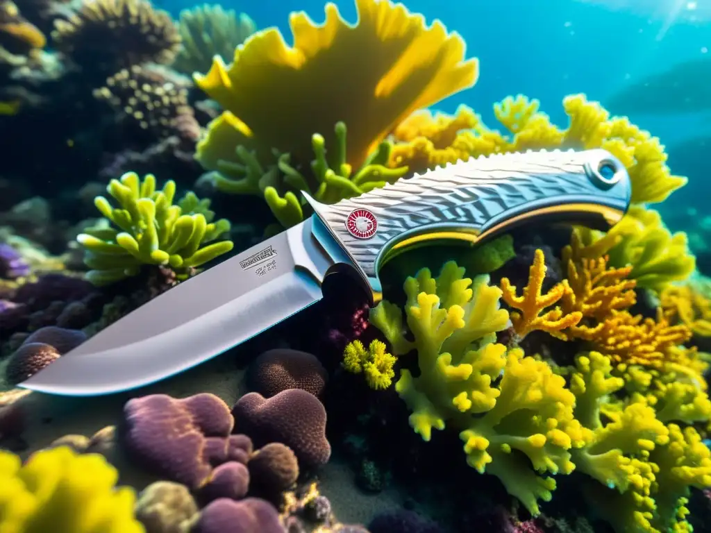 Un impresionante cuchillo de buceo plateado descansa sobre un arrecife de coral vibrante, mostrando fiabilidad y precisión