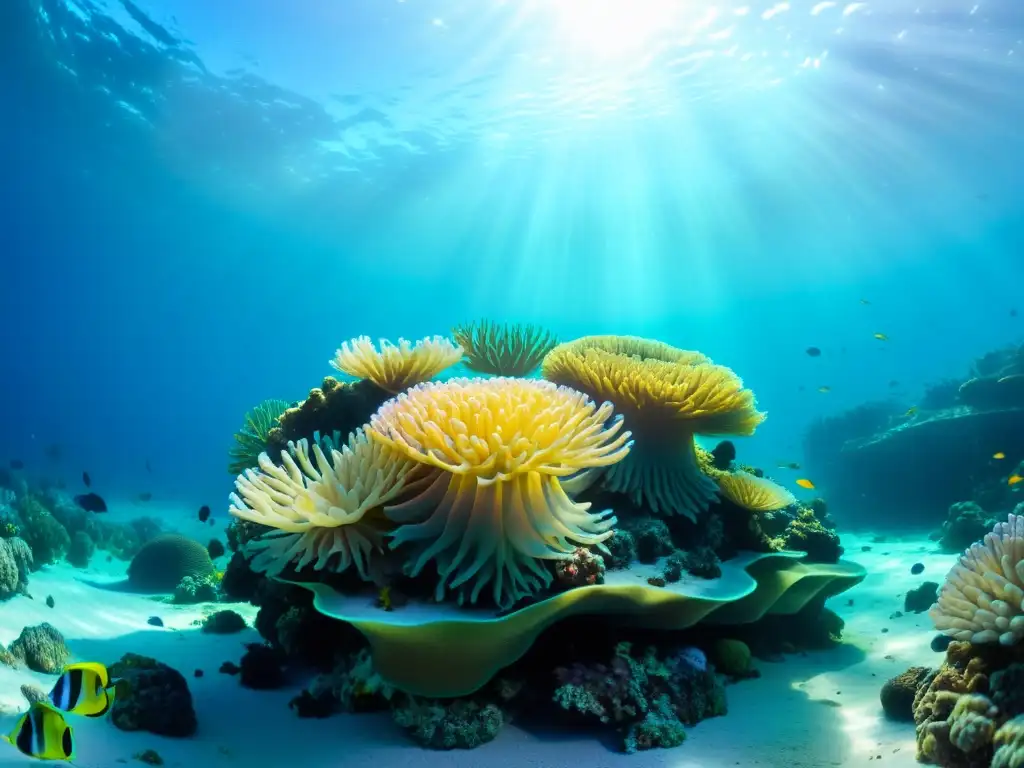 Ecosistema marino vibrante: coral, anémonas y peces en armonía Una impresionante y diversa comunidad de arrecifes de coral bajo el agua, con corales coloridos, anémonas marinas y peces tropicales nadando