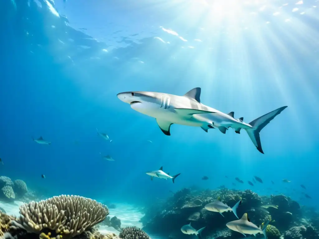 Un impresionante ecosistema de arrecifes de coral con tiburones plateados nadando grácilmente