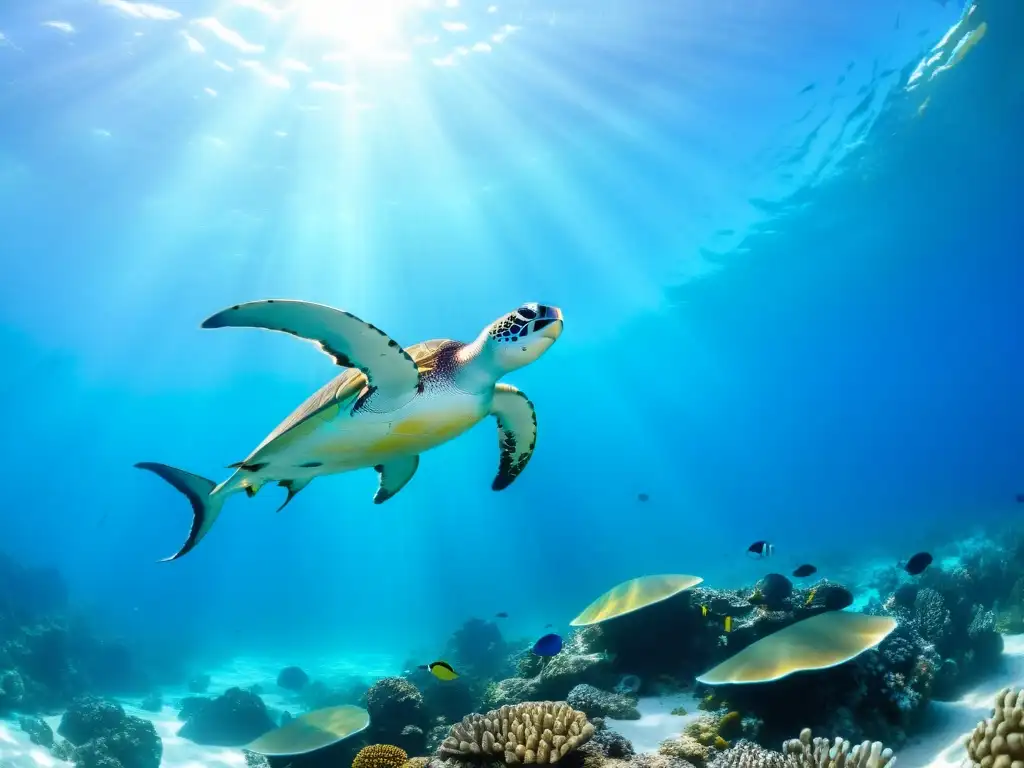 Un impresionante ecosistema marino lleno de vida, con arrecifes de coral vibrantes y peces coloridos bajo la luz del sol