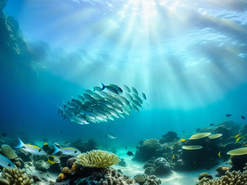 Un impresionante ecosistema marino con peces plateados y corales coloridos