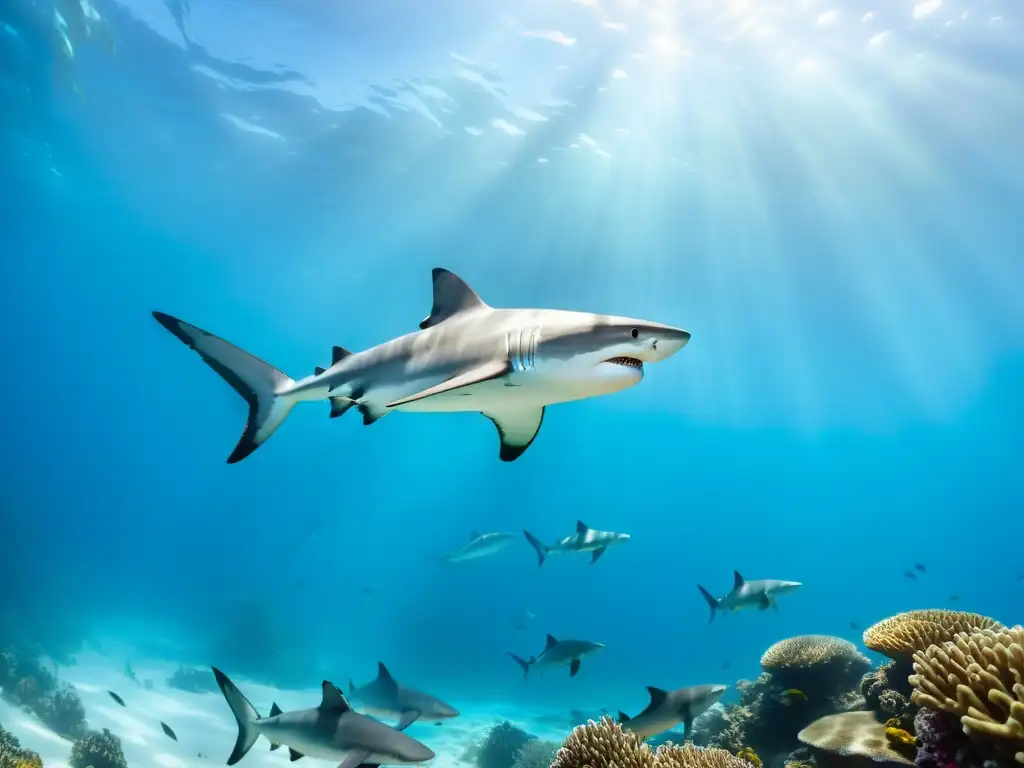 Un impresionante encuentro submarino: tiburones navegando entre arrecifes de coral