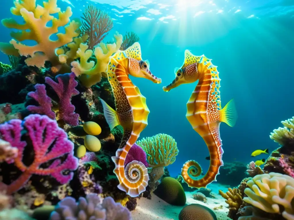 Una impresionante escena submarina con caballitos de mar en un arrecife de coral vibrante, cuidado de caballitos de mar en su hábitat natural