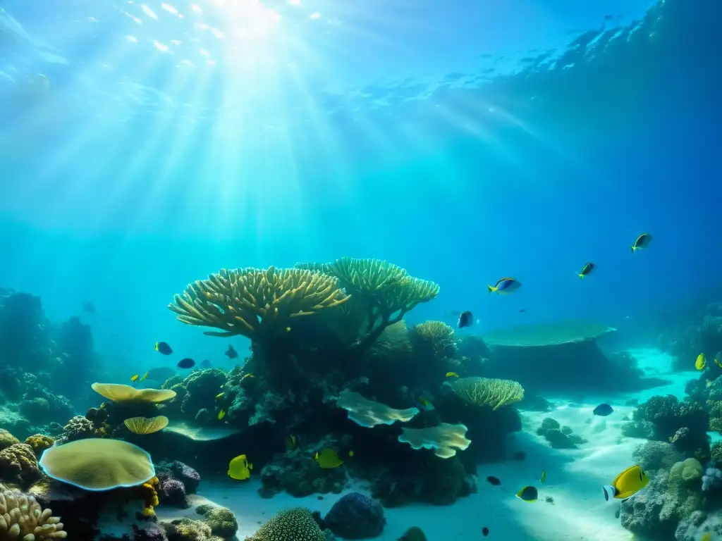 Una impresionante escena submarina llena de vida marina y coloridos arrecifes de coral
