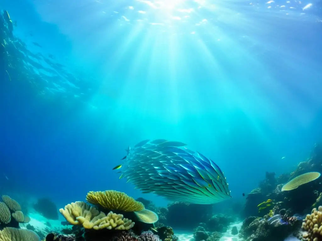 Un impresionante escenario submarino con peces vibrantes y arrecifes de coral, evocando la belleza de la vida marina y las experiencias culinarias