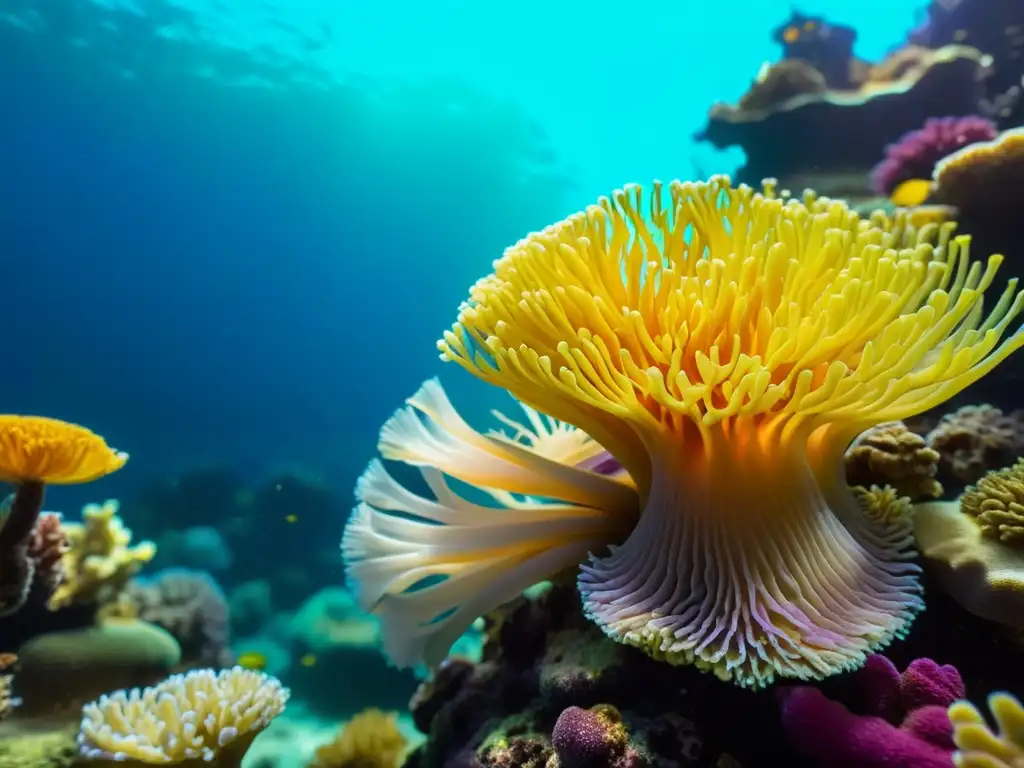 Una impresionante foto submarina de un arrecife de coral colorido en un acuario, con peces vibrantes y plantas marinas