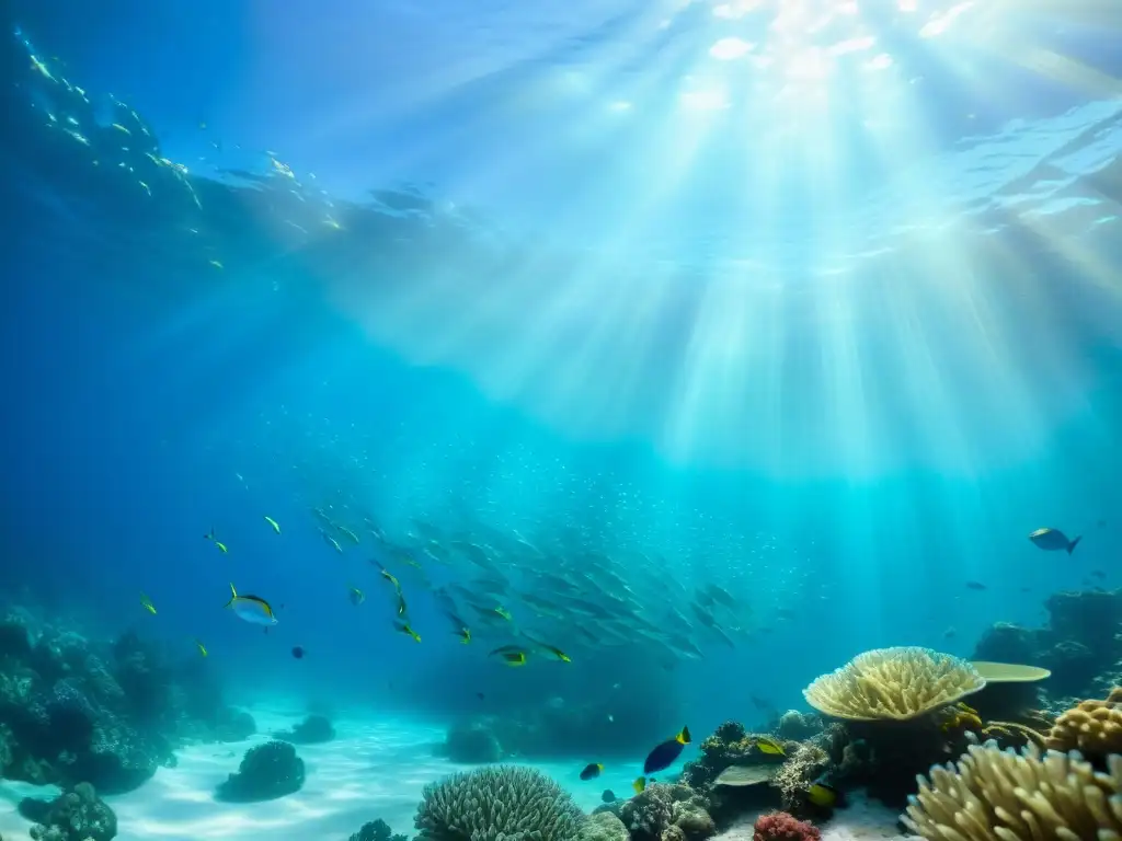 Una impresionante foto submarina muestra un grupo de peces vibrantes nadando en aguas cristalinas