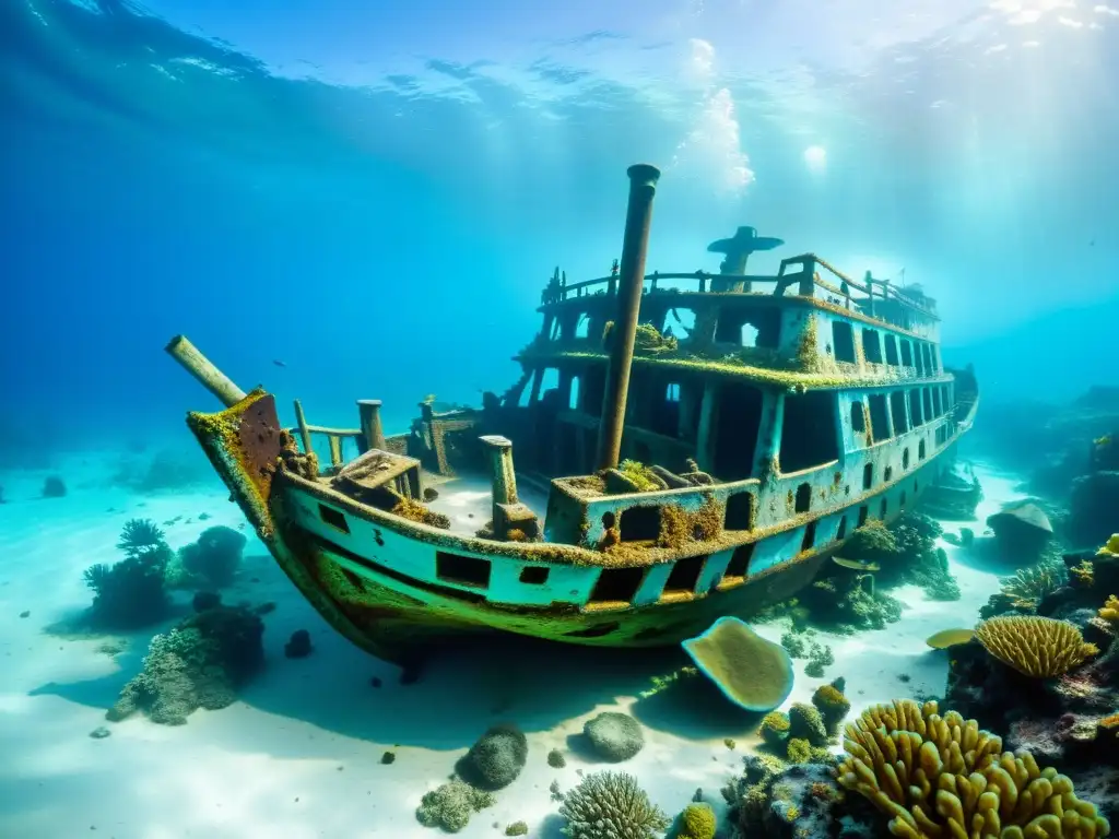 Una impresionante foto submarina de un naufragio rodeado de vida marina vibrante