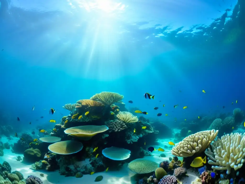 Una impresionante foto submarina de un vibrante arrecife de coral repleto de vida marina