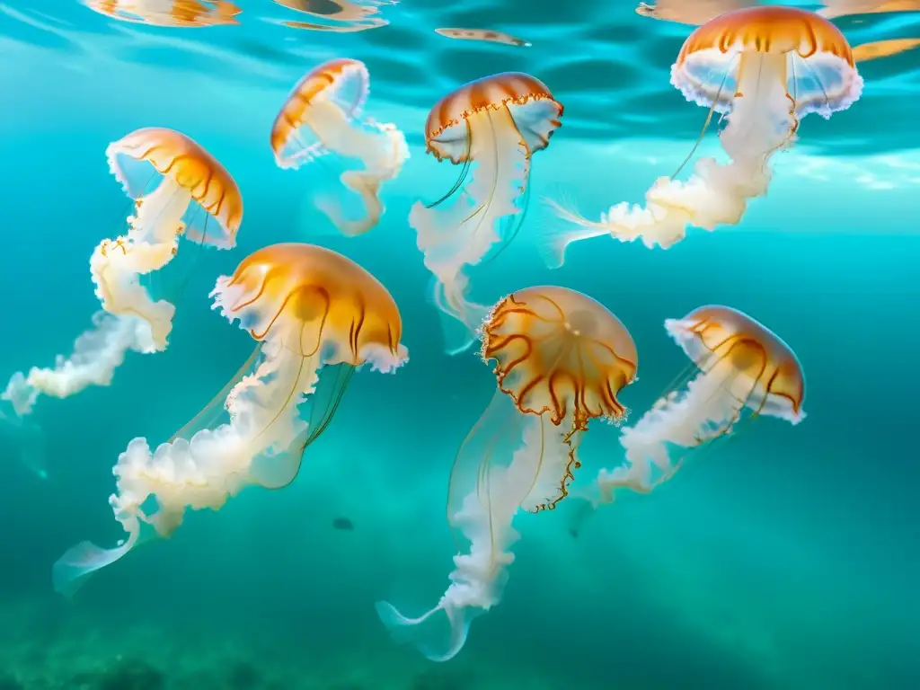 Un impresionante grupo de medusas marinas vibrantes y translúcidas flotando graciosamente en aguas turquesas