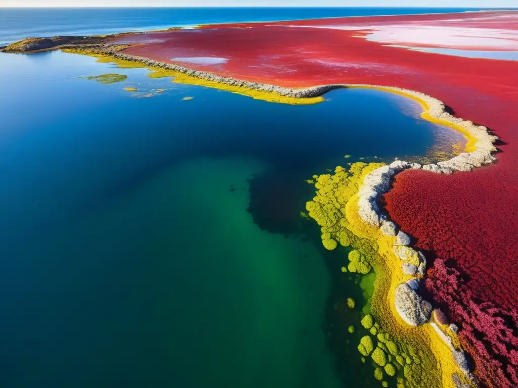 Una impresionante imagen detallada de la costa con florecimientos de algas rojas que crean un mosaico hipnotizante