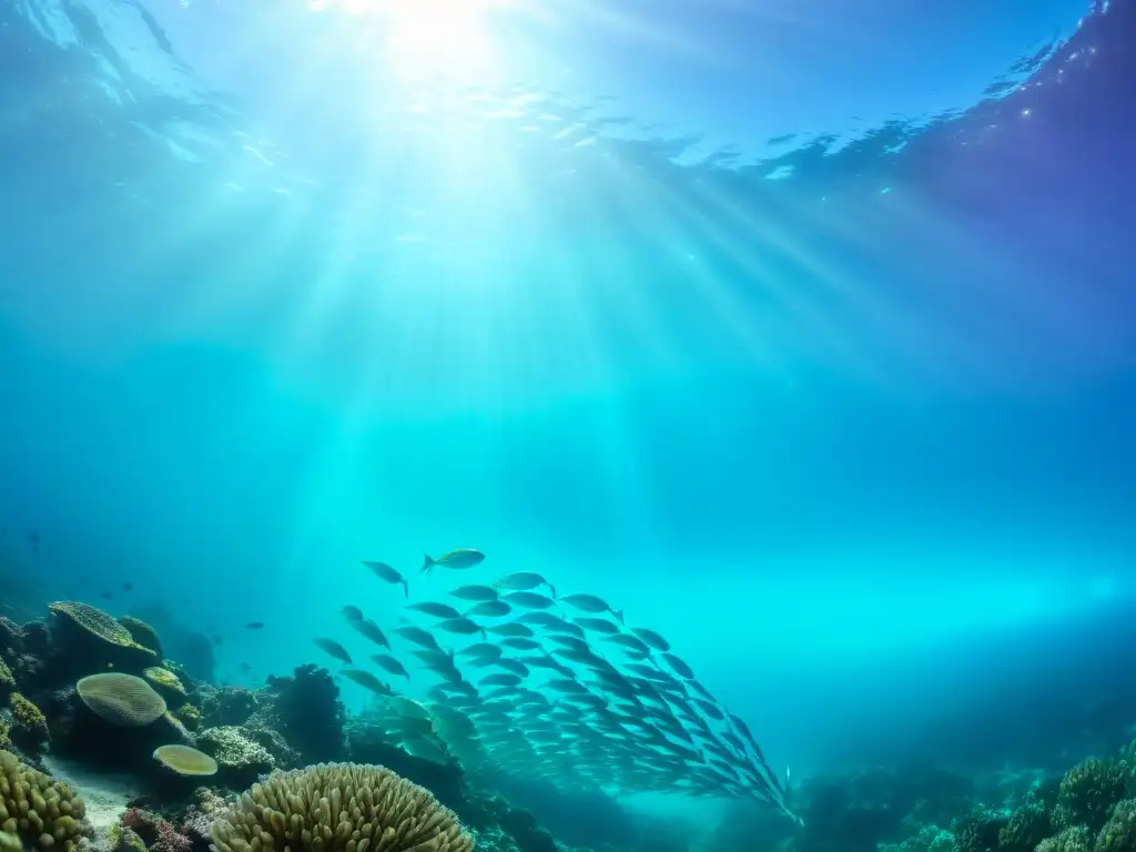 Una impresionante imagen de una escuela de peces vibrantes y irisados nadando entre arrecifes de coral en aguas cristalinas y turquesas