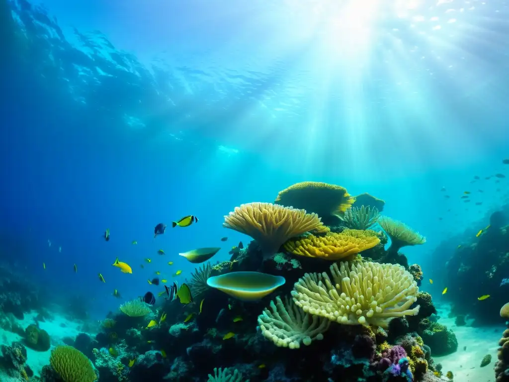 Una impresionante imagen submarina que muestra un arrecife de coral colorido y diversa vida marina