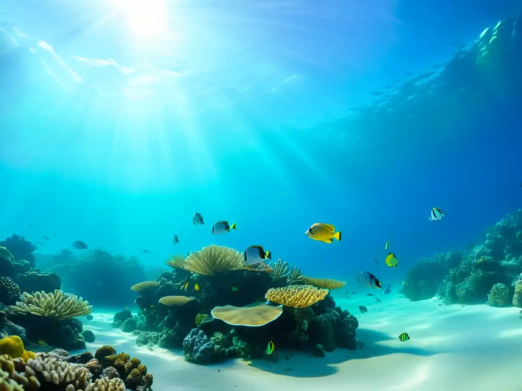 Una impresionante imagen submarina de un arrecife de coral en aguas cristalinas de Dubai, con una diversa vida marina y un resplandor de luz solar