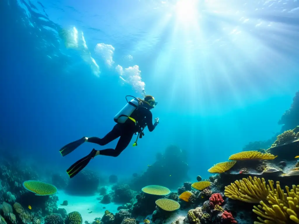 Una impresionante imagen submarina de una buceadora nadando graciosamente entre vibrantes arrecifes de coral, rodeada de vida marina colorida