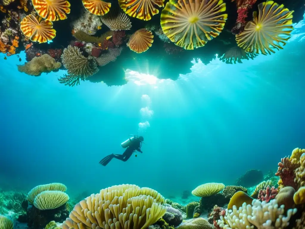 Una impresionante imagen submarina con mariscos sostenibles para presentación entre corales y plantas marinas vibrantes