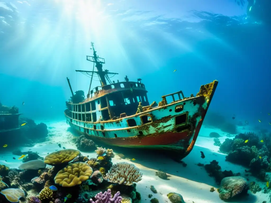 Una impresionante imagen submarina revela un naufragio rodeado de vida marina y corales, evocando historias de supervivencia en alta mar