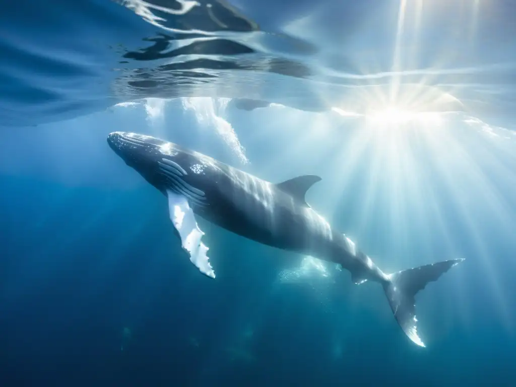 Una impresionante imagen submarina de pesca fantasma cetáceos, deslizándose con gracia bajo la luz filtrada del océano