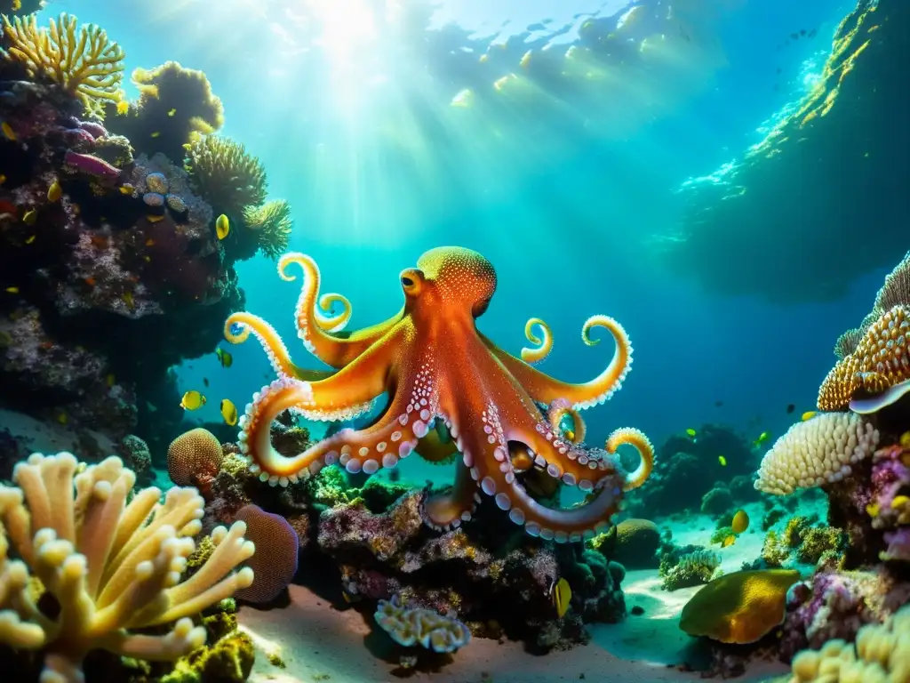 Una impresionante imagen submarina de un pulpo sostenible en un arrecife de coral vibrante, evocando la belleza y el misterio del mundo submarino