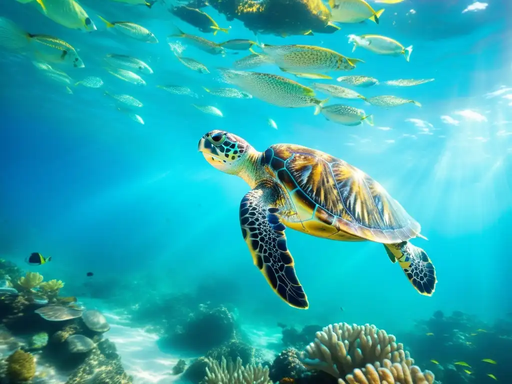 Una impresionante imagen submarina con una tortuga marina majestuosa nadando entre arrecifes de coral y peces, iluminada por el sol