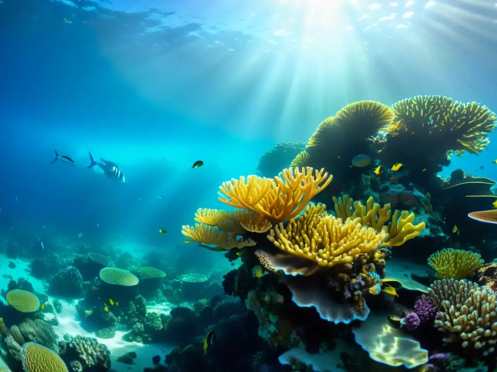 Una impresionante imagen submarina de un vibrante arrecife de coral, con efectos de sombras, que muestra la vida marina en su esplendor