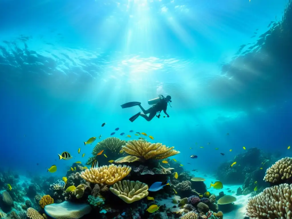 Una impresionante imagen submarina de un vibrante arrecife de coral repleto de peces coloridos y vida marina