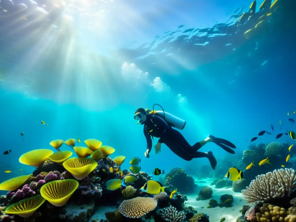 Una impresionante imagen submarina que muestra un vibrante arrecife de coral repleto de vida marina, telas que imitan la vida marina