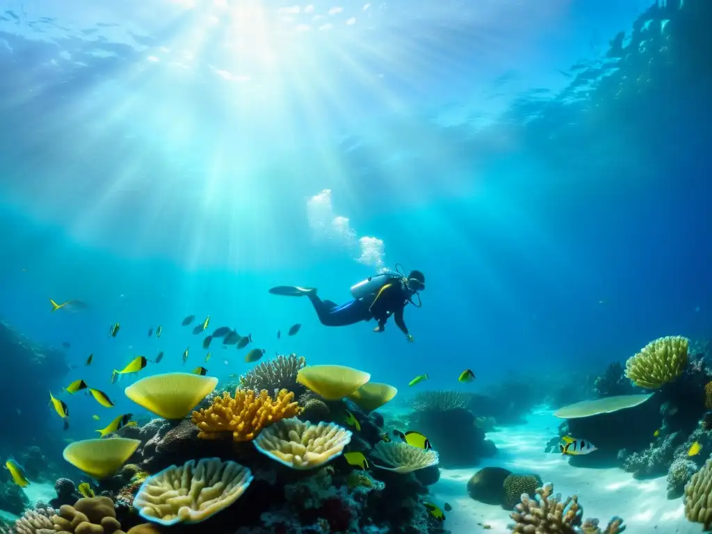 Una impresionante imagen submarina de un vibrante arrecife de coral lleno de peces coloridos y plantas marinas ondeantes