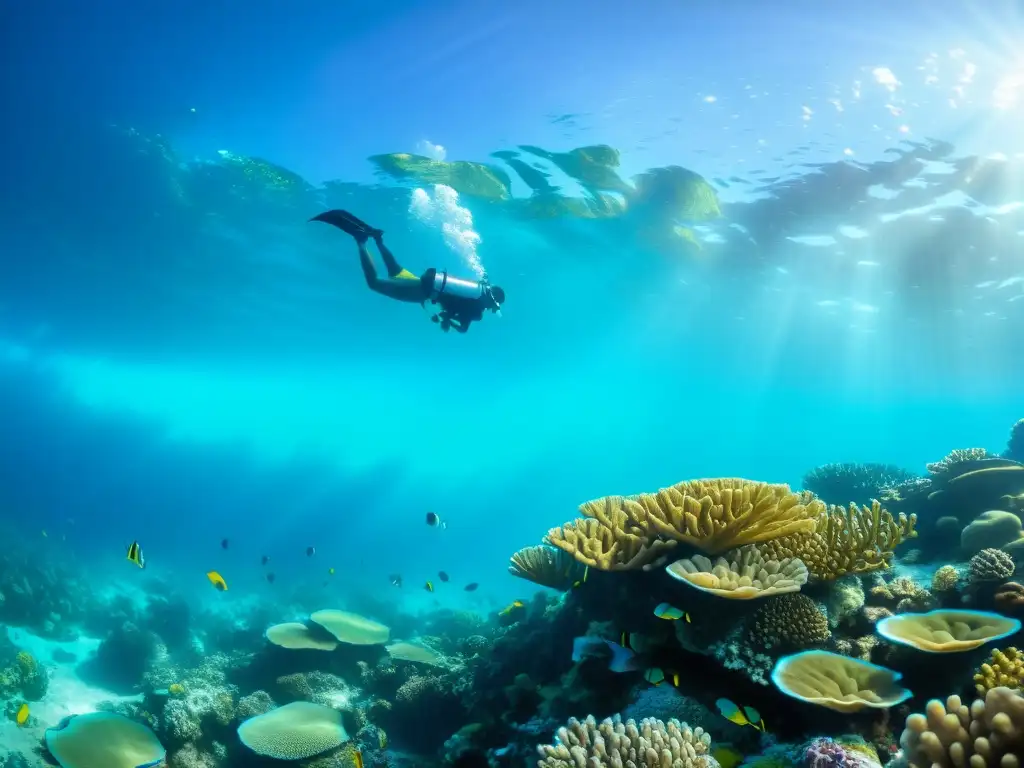 Una impresionante imagen submarina de un vibrante arrecife de coral, inundado de vida marina