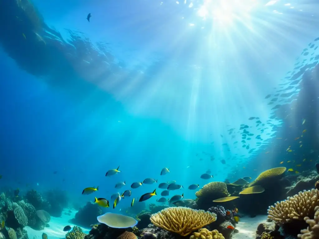 Una impresionante imagen submarina de un vibrante arrecife de coral lleno de peces coloridos y vida marina