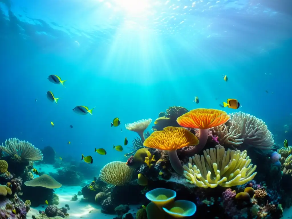 Una impresionante imagen submarina de un vibrante arrecife de coral rebosante de vida marina, con efectos de mareas negras