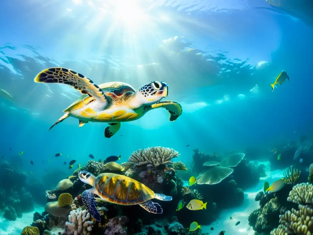 Una impresionante imagen submarina que muestra un vibrante arrecife de coral lleno de vida marina, con impacto en el nivel del mar y especies diversas