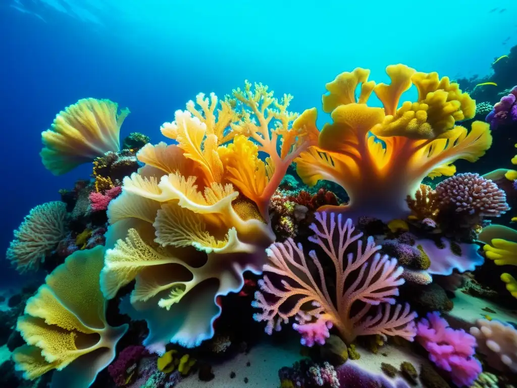 Una impresionante imagen de un vibrante arrecife de coral blando, con una diversidad de colores y texturas