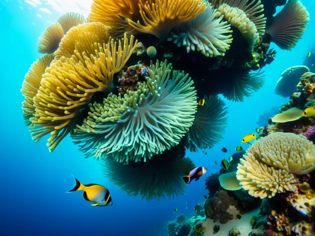 Una impresionante imagen 8k de un vibrante arrecife de coral, con vida marina en detalle, agua azul y rayos de sol