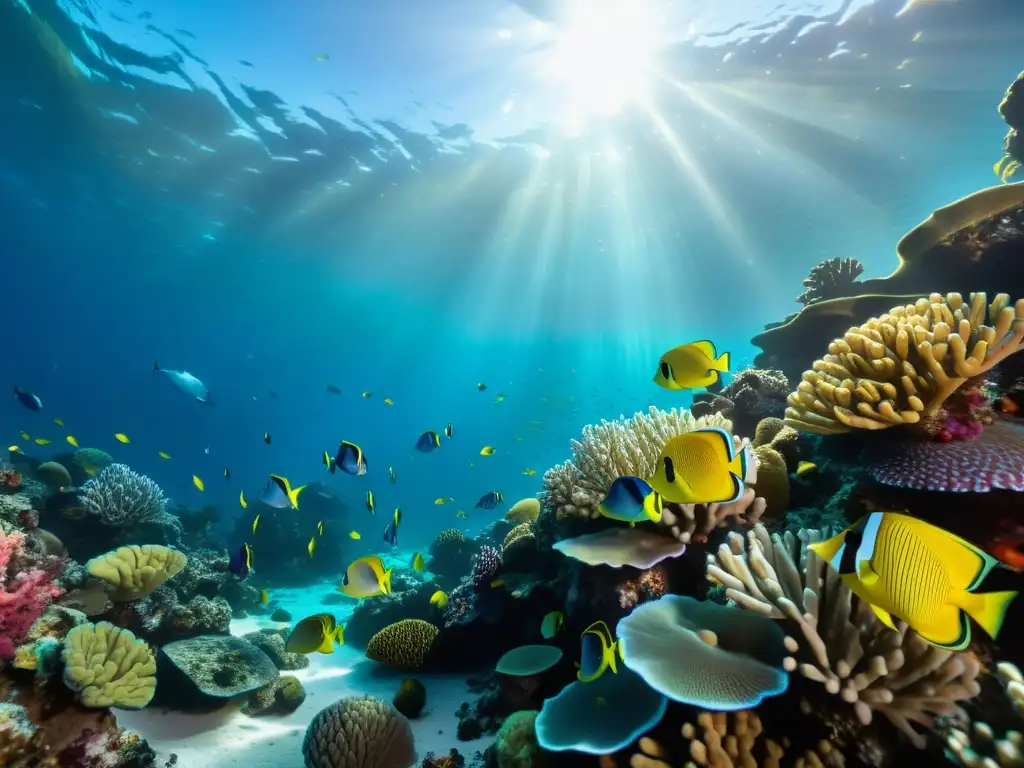 Arrecife de coral 8k: Vida marina vibrante y colorida Una impresionante imagen en 8k de un vibrante arrecife de coral, con peces coloridos nadando entre las formaciones de coral