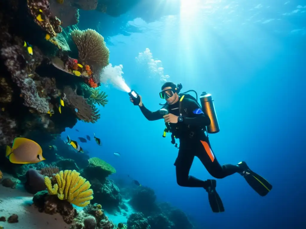 Un impresionante haz de luz LED corta la oscuridad del océano profundo, iluminando peces tropicales y corales vibrantes