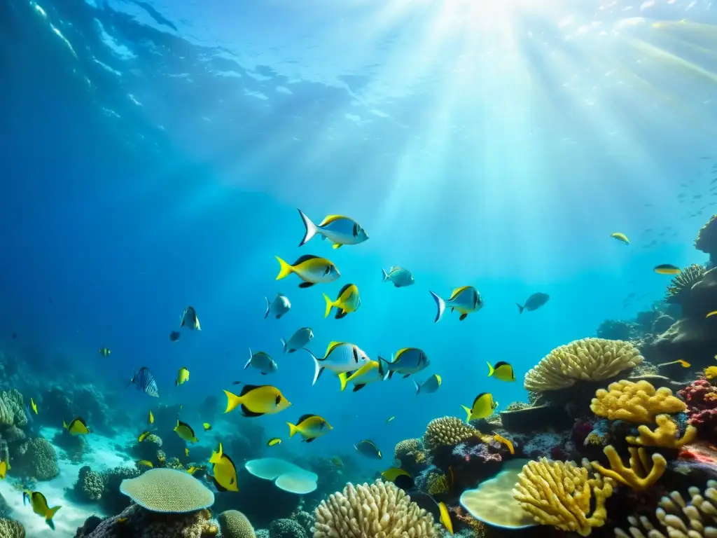 Un impresionante maridaje vinos bebidas mariscos: peces plateados y amarillos nadando entre coloridos arrecifes de coral bajo el agua cristalina