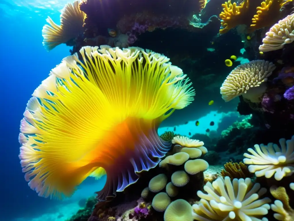 Una impresionante fotografía de vida marina detallada en un vibrante arrecife de coral, revelando la belleza del ecosistema submarino