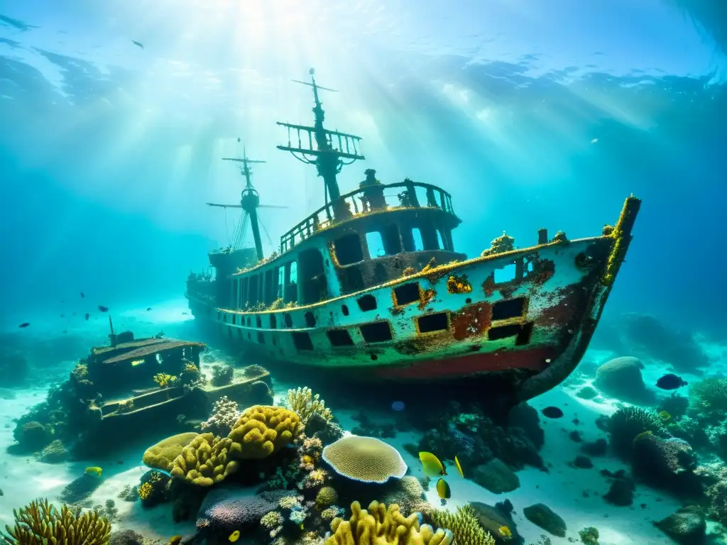 Un impresionante naufragio descansa en el fondo marino, rodeado de arrecifes de coral y vida marina