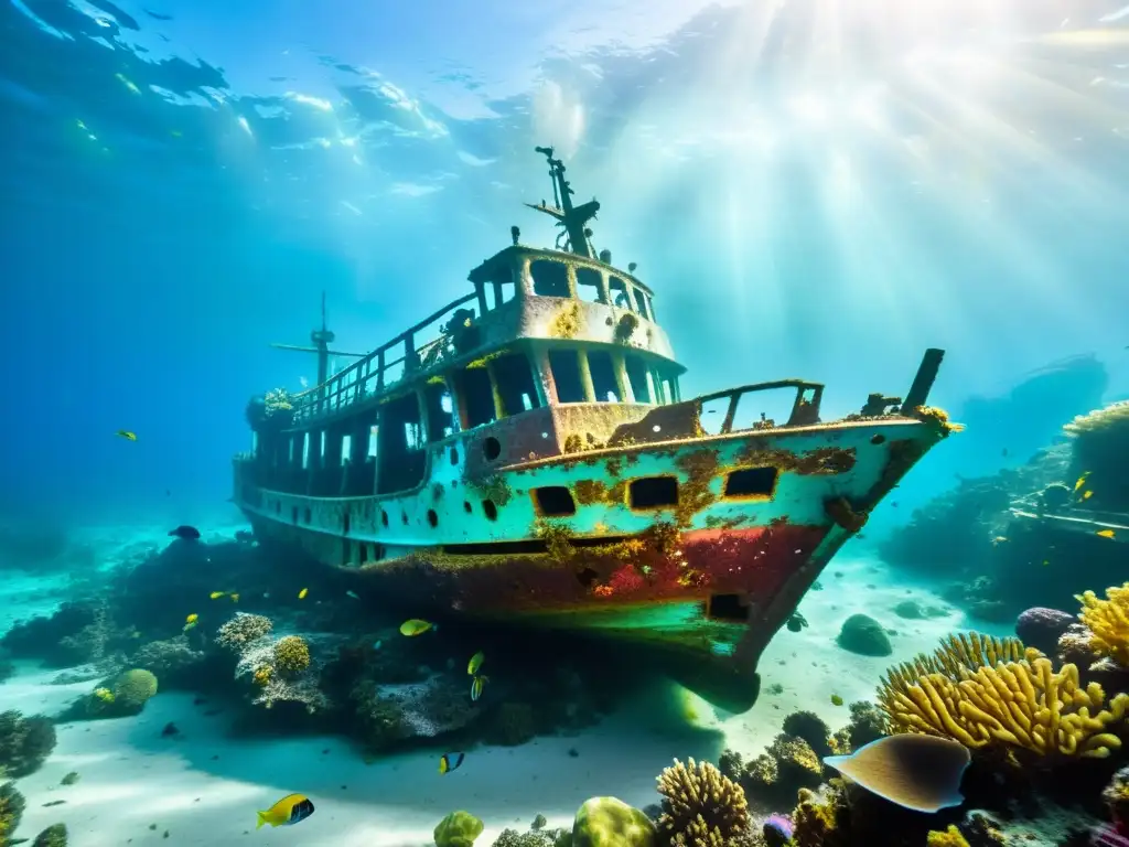 Un impresionante naufragio rodeado de arrecifes de coral coloridos bajo el mar, con rayos de sol iluminando la escena