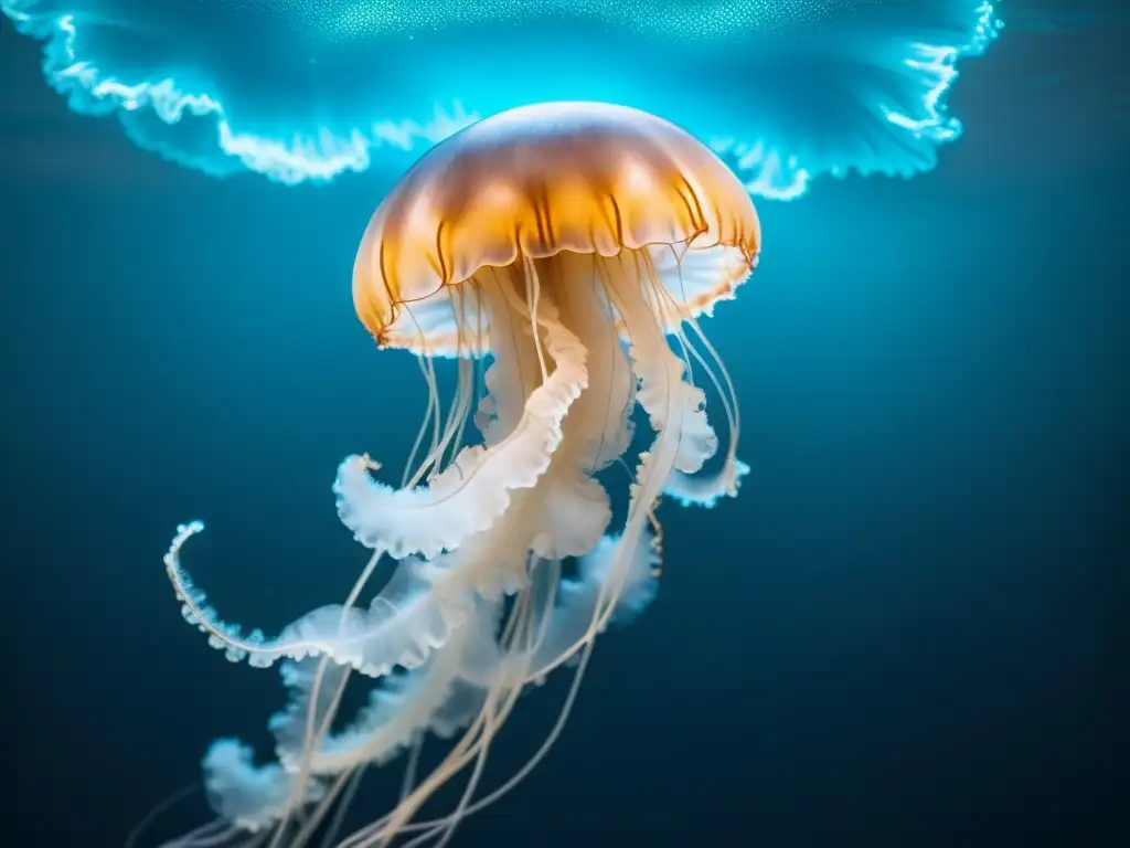 Una impresionante fotografía nocturna de vida marina en el océano, donde una medusa bioluminiscente crea un etéreo brillo azul en las profundidades misteriosas del mar